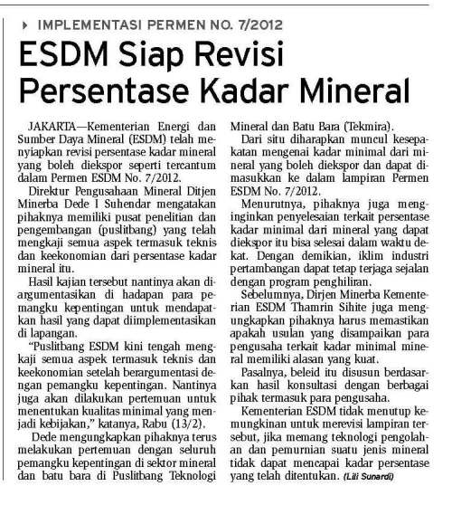 Mining_Implementasi Permen No.7-2012, ESDM Siap Revisi Persentase Kadar Mineral1